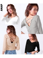 【ANAP】リブバッククロス7分袖トップス/ホワイト(001)