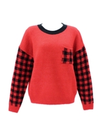 【Latina】袖チェック柄チュニックニットTOP/ブラック/レッド(057)