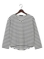 ポンチボーダー Vネック TOPS 長袖/オフホワイト/アカ