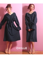 【CHILLE】ウエストリボン前後Vシャツワンピ/ネイビー(018)