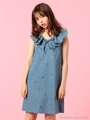 フリル刺繍デニムワンピース/ブルー
