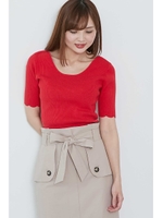 ウェーブネックスカラリブニット/レッド(100)