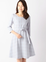 ベルト付きチェック柄ワンピース/青系