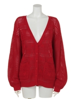 ボーダー透かし編みニットカーデ/レッド