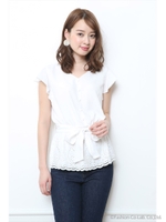 リボン付裾刺繍ブラウス/ホワイト