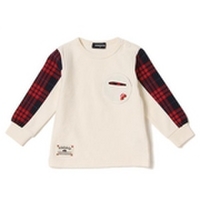 【50%OFF】丸形ポケットつき袖チェック切り替えTシャツ