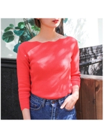 ウェーブボートネックトップス/レッド