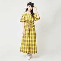 チェック柄オフショルダービスチェ×パンツセット