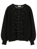 ・ケーブルパールニットプルオーバー/ブラック