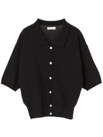 ・ポロ衿ニットカーディガン/ブラック