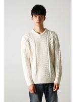 【AZUL BY MOUSSY】HOTミックスニットソーケーブルVネック長袖プルオーバー/WHT