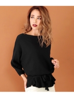 【CHILLE】裾フリルリボン付ドルマンニットトップス/ブラック(027)