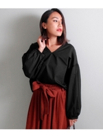 【Latina】ボリュームスリーブVネックブロークントップス/ブラック(027)