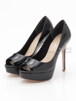 【R&E】エナメル美脚オープントゥパンプス/ブラックエナメル