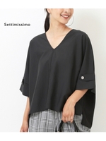 【Settimissimo】ジョーゼット切替ワイドスリーブトップス/ブラック(027)