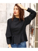 【USA】タックくるみボタンブラウス/ブラック(027)