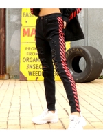 【USA】バイアスラインダメージブラックデニムパンツ(別売りSET-UP)/レッド(025)