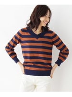 【吸湿発熱】KITHOT Vネックニット/ネイビー×ブラウン(393)