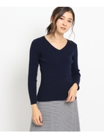 【洗える】レーヨン混Vネックリブニット/ネイビー(093)
