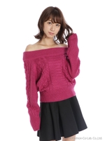 オフショルドルマンケーブルショートニットプルオーバー/パープル