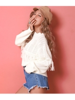 ケーブルフリンジニットトップス/ホワイト(001)