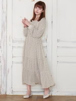 スクエアフリルフラワーワンピ/ベージュ柄