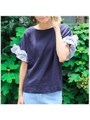 ストライプフリルスリーブ リネントップス/ネイビー