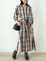 チェックニュアンスVネックロングシャツワンピース/アイボリー柄