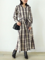 チェックニュアンスVネックロングシャツワンピース/アイボリー柄