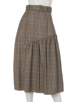 チェック柄アシンメトリー切替スカート(ブラウン)/BRN