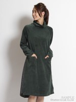 ニットコーデュロイ×グレンチェックMIXタートルワンピース/グリーン