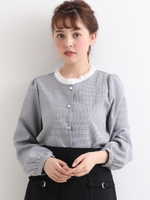 フリル付チェックブラウス/ブラック柄