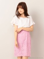 フレア袖レースドッキングワンピース/ピンク