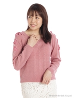 ベロアレースアップケーブルニットP/O/ピンク