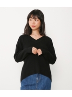 ラウンドヘムＶネックニット/BLK