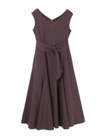 リネンライクVネックノースリーブフレアワンピース/ブラウン