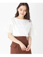 レースチュール切り替えフレアスリーブトップス/ホワイト系(002)