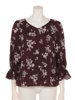 小花プリントギャザースリーブブラウス/ブラウン