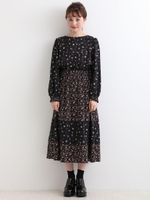 切り替えフラワーワンピース/ブラック柄