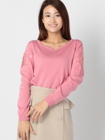 袖チュール刺繍ニット/ピンク