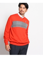 蓄熱保温裏地付きグレンチェック切り替えVネックセーター/レッド系(061)