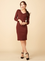 Vネックタイトニット長袖ワンピース/ブラウン