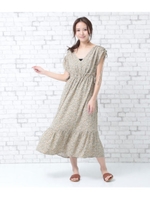 【AULI】 小花柄シャーリングワンピース/ベージュ(005)