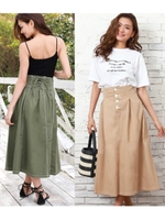 【CHILLE】 バックレースアップボタン付フレアスカート/ベージュ(005)