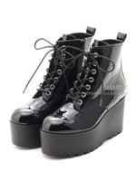 【R&E】レースアップ厚底ショートブーツ/ブラックエナメル