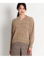 【Sサイズあり、洗える】ベロア風モールVネックニット/ライトベージュ(051)