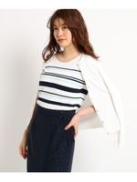 【洗える】5分袖ボーダー×クルーネックカーディガン　ニットアンサンブル/ホワイト(301)