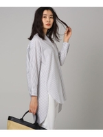 【洗える】スリットネック前後差ストライプシャツ/ブラック(819)