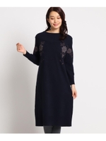 【洗える】フラワー刺しゅうワイドリブネックニットワンピース/ネイビー(193)