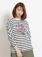 ６０／２天竺エンブロイダリータッチローズモチーフドルマンカットソー/ボーダー